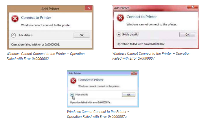 Lỗi “Windows cannot connect to the printer” nhiều khả năng đi kèm với các dòng mã cụ thể như 0x0000007e.