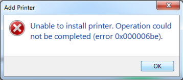 Unablef to install printer. Operation could not be completed (error 0x000006be)